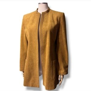 MISS STYLE Cognac Faux Suede Open Front Topper Jacket Band Collar VINTAGE